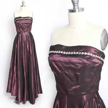 Vintage 1950s Dress Sharkskin Taffeta Rhinestone Strapless Full Skirt Gown S 