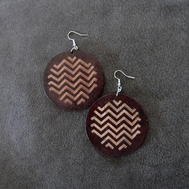 Large brown wooden earrings, bold statement earrings, Afrocentric African earrings, geometric earrings, mid century modern earrings, brown 