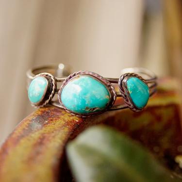 Vintage Native American Turquoise Cuff Bracelet, Navajo Cuff With 3 Silver Set Natural Turquoise Stones, 3-Prong Cuff, Old Pawn Jewelry 