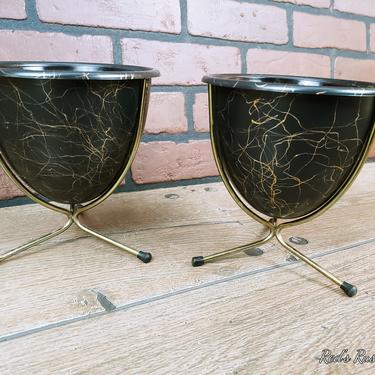 Pair of Vintage Mid Century Modern Atomic Gold Swirl Black Fiberglass or Plastic Bullet Planter - 50s MCM Black Planter with Wire Stands 