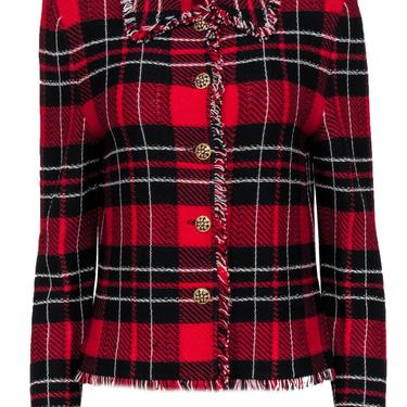 St. John - Red, Black & White Plaid Fringed Button-Up Knit Jacket Sz 8