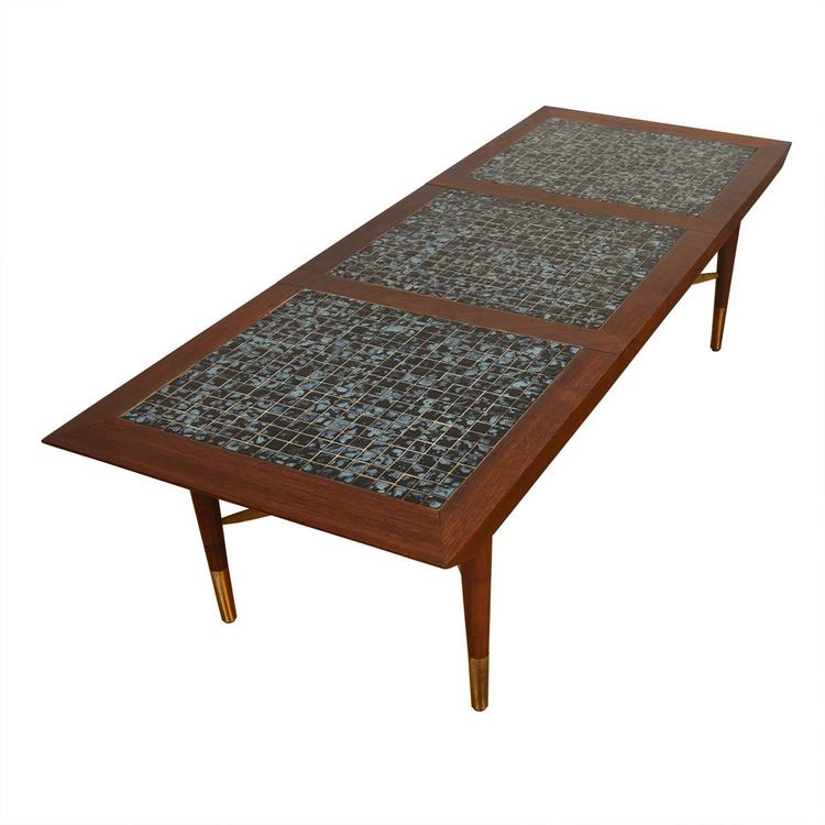 Mid Century Walnut + Tile Top Coffee Table w/ Brass Accents