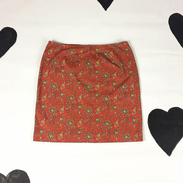 90s Red Paisley Allover Print High Waist Stretch Cotton Mini Skirt / Size 12 / Blue / Yellow / Boho / Baroque / Clueless / Preppy / Large 