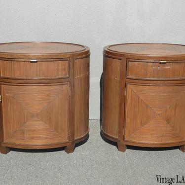 Pair of Vintage McGuire Furniture Brown Oval Bamboo Reed Nightstands 