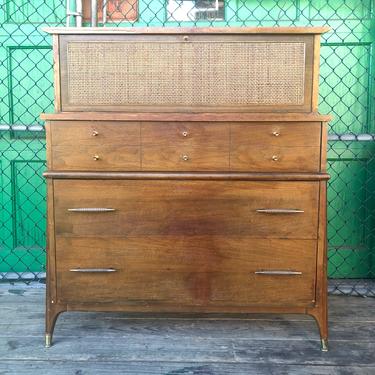 Mid century Highboy dresser with caned dropfront 
