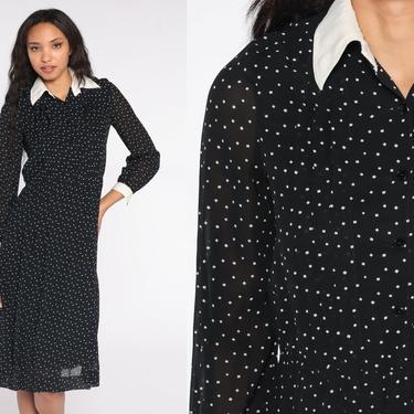 Polka Dot Dress 70s Midi Black White Button Up High Waisted 1970s Long Sleeve Dress Pleated Shirtdress Vintage Secretary Extra Small xs 