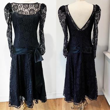 1980s Vintage Black Lace and Satin Drop Waist Open Back Evening Dress 