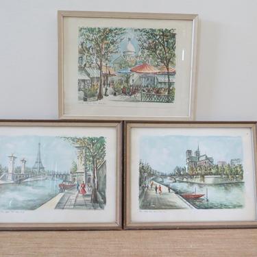 Vintage French Art - Rare French Art - Claude Ducollet - Paris Framed Art - Watercolors - Eiffel Tower - Montmartre - Notre Dame (Set of 3) 