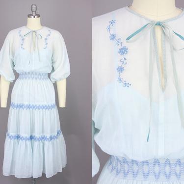 1970s Cotton Voile Embroidered Dress | Vintage 70s Light Blue Smocked Waist Boho Dress | small / medium 