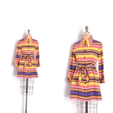 Vintage 1960s Dress / 60s Striped Cotton Mini Dress / Yellow Purple Pink ( S M ) 