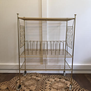 Rolling Record Player Stand Cart, Vintage metal wire Cart, Mid Century Storage Gold Rack for Vinyl Record Storage, Retro Rolling Record Cart 