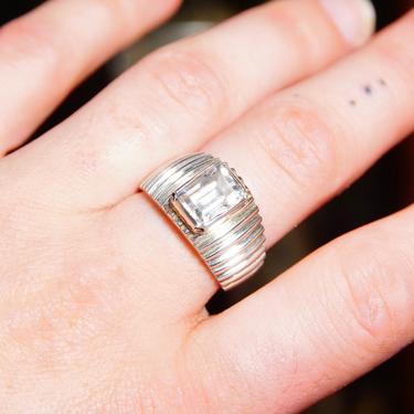 Vintage Modernist Chunky Sterling Silver CZ Diamond Ring, Emerald Cut Cubic Zirconia, Textured Dome Ring, Step Design, Size 9 3/4 US 