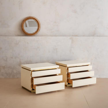 Ivory Lacquered Wood + Brass Inlay Nightstand Cabinets by Jean Claude Mahey; France 1980's