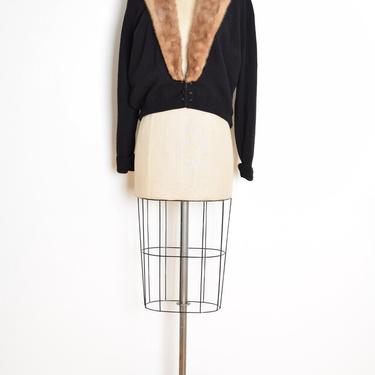 vintage 50s cardigan sweater black cashmere brown mink fur collar jumper top XL clothing 