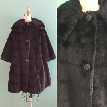 vintage 60's black faux fur coat  // swing coat with large collar 