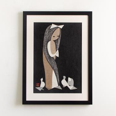 Vintage Modernist Japanese Framed Original Listed Artist Kaoru Kawano Girl with Doves - Mid Century 