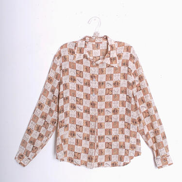 1990s Vintage Flapper and Checkers Silk Blouse (Medium) by 40KorLess