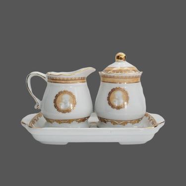 Vintage Sugar and Creamer Set / Cameo Pattern Coffee Set with Box / Sugar Jar & Creamer with Under Plate / White and Gold Coffee Service Set 