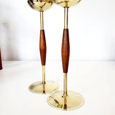 Mid Century Atomic Wood &amp; Brass Candleholder Set 