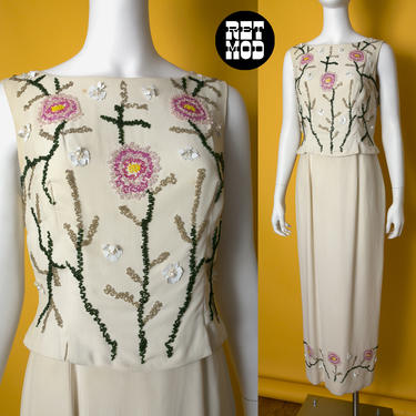 BEAUTIFUL Vintage 60s 70s Off-White Party Gown Dress with Intricate Floral Beading 