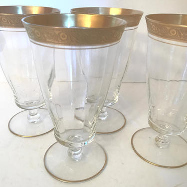 Vintage Set of four parfait footed  glasses, Tumblers, Ice Tea Glasses Optic  Rambler Rose pattern by Tiffin Franciscan 