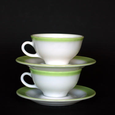 vintage pyrex opal lime green cups and saucers/set of two/lime band/USA/coffee cups/1950 