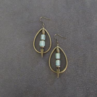 Bronze hoop earrings, bohemian earrings, rustic boho earrings, artisan ethnic earrings, tear drop hoop earrings, sea green earrings 