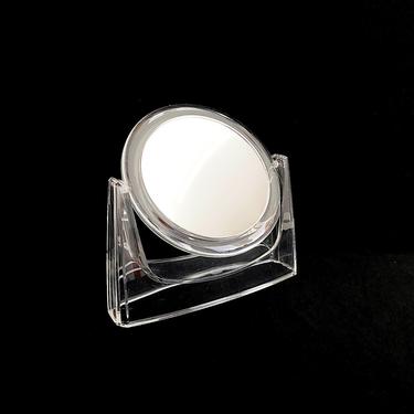 Vintage Mid Century Modern 1970s / 1980s Space Age Lucite Clear Acrylic Vanity Top Swivel Mirror w Magnifying and Regular Mirrors 