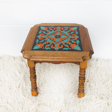 Vintage Hand Painted Spanish / Italian Style Tile and Solid Carved Wood Accent Table 