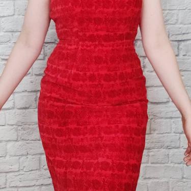 Vintage Red Velvet 50s 60s Wiggle Dress // Sleeveless Pencil Skirt 