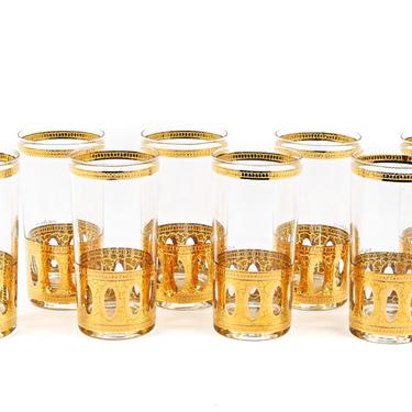 Culver Antigua Gold Glass Barware Set of 4 Highball Cocktail Glasses / Hollywood Regency Glam Glassware Bar Cart Tumblers 