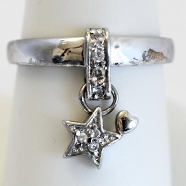 80's sterling rhinestone size 7.75 celestial bling ring, 925 silver clear crystal star & heart dangle boho stacking band 