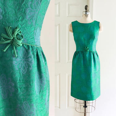 1960s green blue silky brocade Peck + Peck cocktail dress 