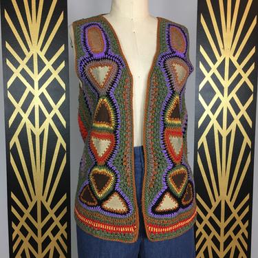 1960s knit vest, patchwork suede, vintage vest, palena knitwear, hippie top, medium large, rainbow, bohemian, wearable art, boho, leather 