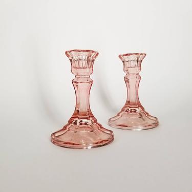 Pink Glass Candlestick Holders / Pink Depression Glass Recollection Candle Holder / Vintage Mid Century Colored Glass Taper Candle Holders 