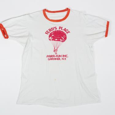 70s Parachuter Ringer Tee - Men's Medium, Women's Large | Vintage White Red Trim Skydiving Graphic T Shirt 