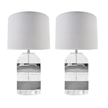 Pair of Table Lamps with Solid Lucite Blocks and Chrome Banding 1970s