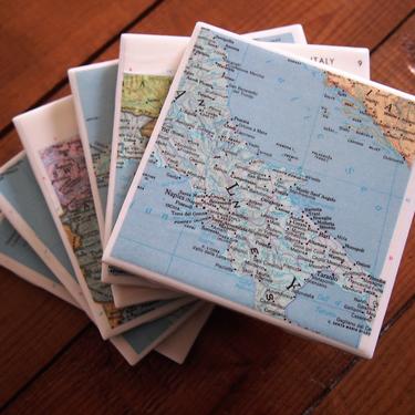 1968 Italy Vintage Map Coasters - Ceramic Tile Set of 6 - Repurposed 1960s Rand McNally Atlas - Handmade - Rome - Milan - Florence - Genoa 