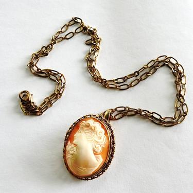 Antique Carved Shell Cameo Pin/Pendant on Gold tone Chain 