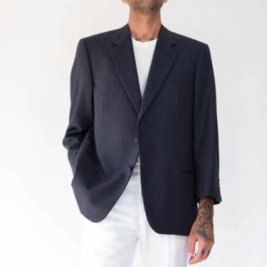 Vintage Giorgio Armani Collezioni Navy Blue Wool Tessuto Check Double Button Blazer | Made in Italy | Armani Designer Mens Suit Jacket 