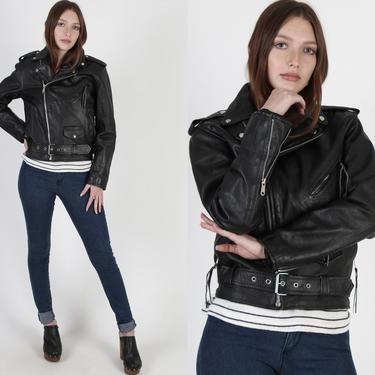 Black Leather Motorcycle Jacket / Cropped Asym Zipper / Vintage Unisex Belted Relaxed Fit Biker Jacket / Short Moto Punk Coat Size 36 