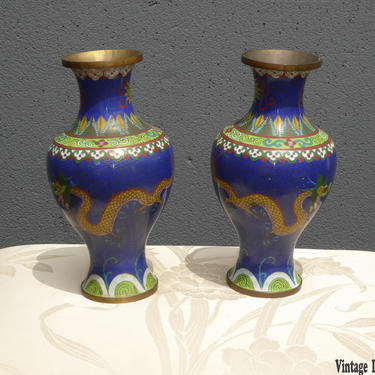 Pair of Vintage Chinese Cloisonne Brass Painted Blue Dragon Vases 