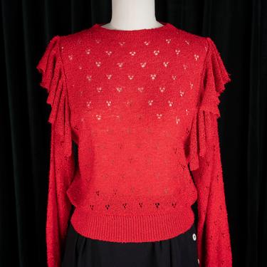 Vintage 80s Cherry Red Perforated Patterned Sweater with Cascading Ruffled Shoulders 