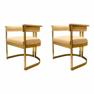 Modern Ivory Leather and Brass Finished Accent Chairs - a Pair