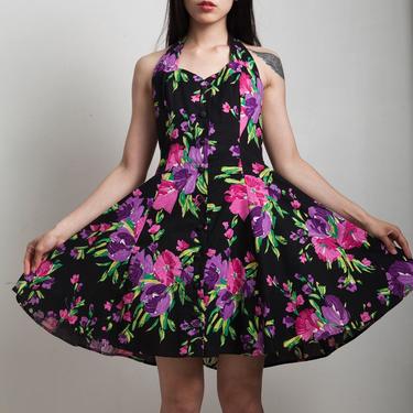 halter dress full skirt open back black floral print knee length vintage 80s SMALL S 