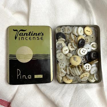 Vantine's Incense tin filled with vintage buttons - vintage sewing in an antique tin 