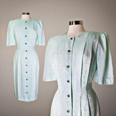 Vintage 80s Jacquard Button Dress, Large / Pleated Front Sheath Dress / Silky Mint Green Summer Cocktail Dress / 1980s Curvy Pinup Dress 