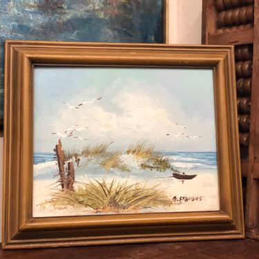 Vintage Original Signed Artwork Framed Painting - Sunny Seaside Dunes Ocean Landscape Soft Pastels Blue Gold Grass Summer Art Wall Decor 