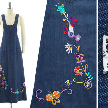 Vintage 1970s Dress | 70s LEVI'S Floral Bird Embroidered Blue Denim Boho Overalls Jumper Dress (x-small) 