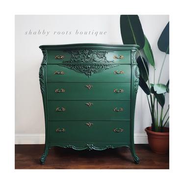 NEW! Antique Tall Dresser Chest of drawers Emerald green fancy bombe Bombay Rococo French boroque chest San Francisco Bay Area by Shab